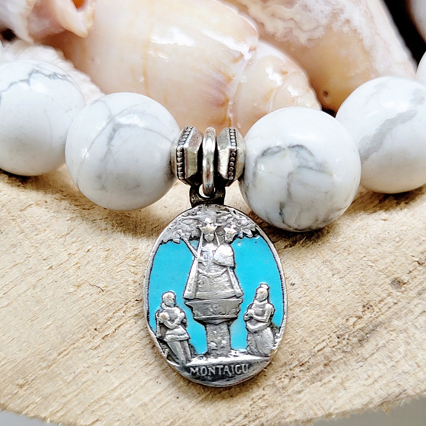 Howlite 10mm Beaded Bracelet w/ Infant of Prague + Sacred Heart of Jesus Enameled Medal