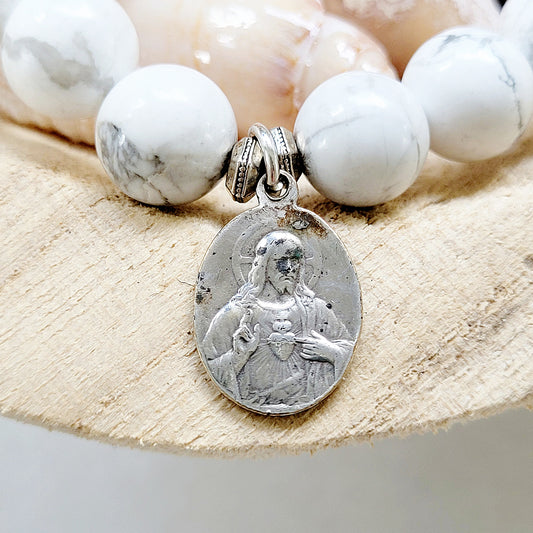 White Howlite 10mm Beaded Bracelet w/ Infant of Prague + Sacred Heart of Jesus Enameled Medal