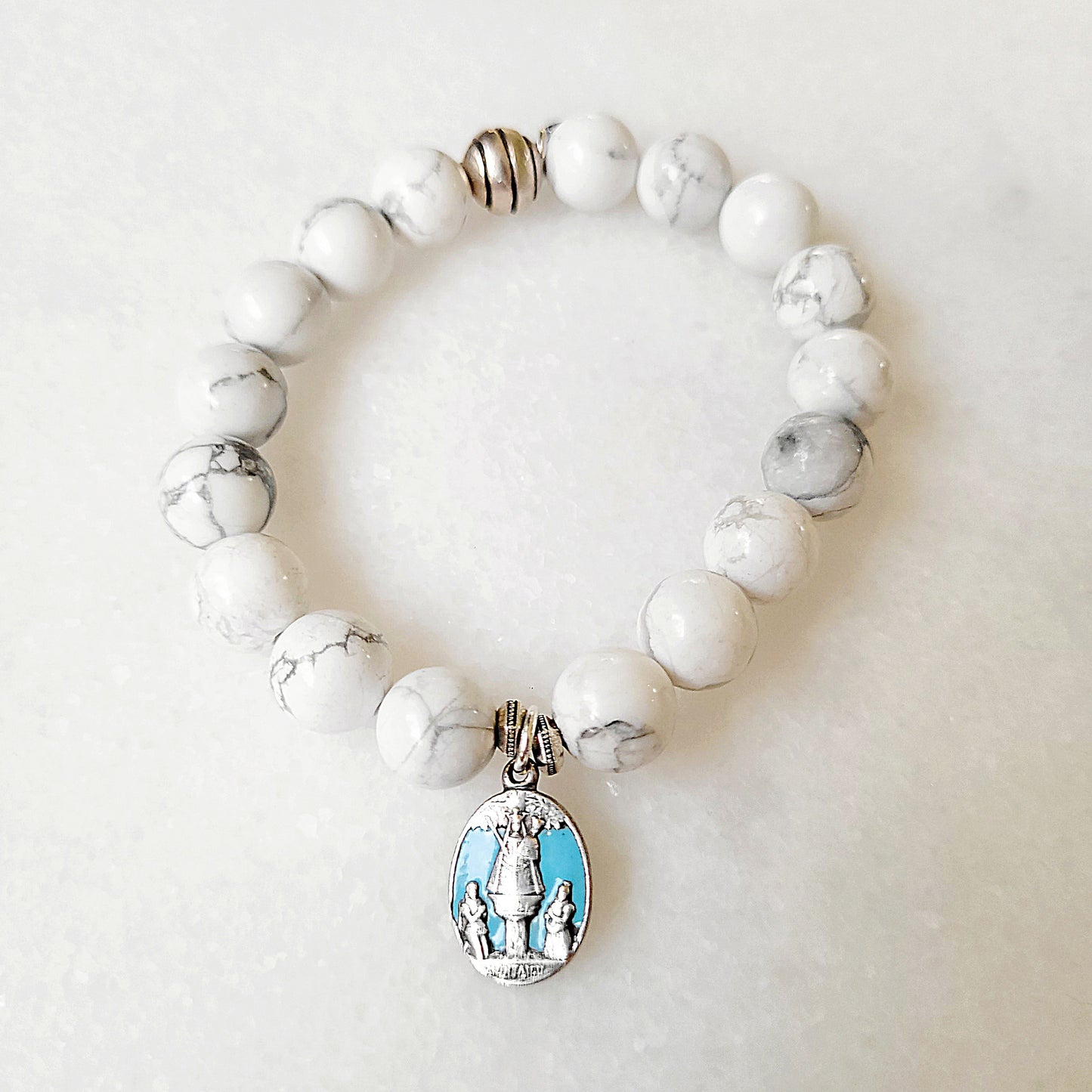 Howlite 10mm Beaded Bracelet w/ Infant of Prague + Sacred Heart of Jesus Enameled Medal