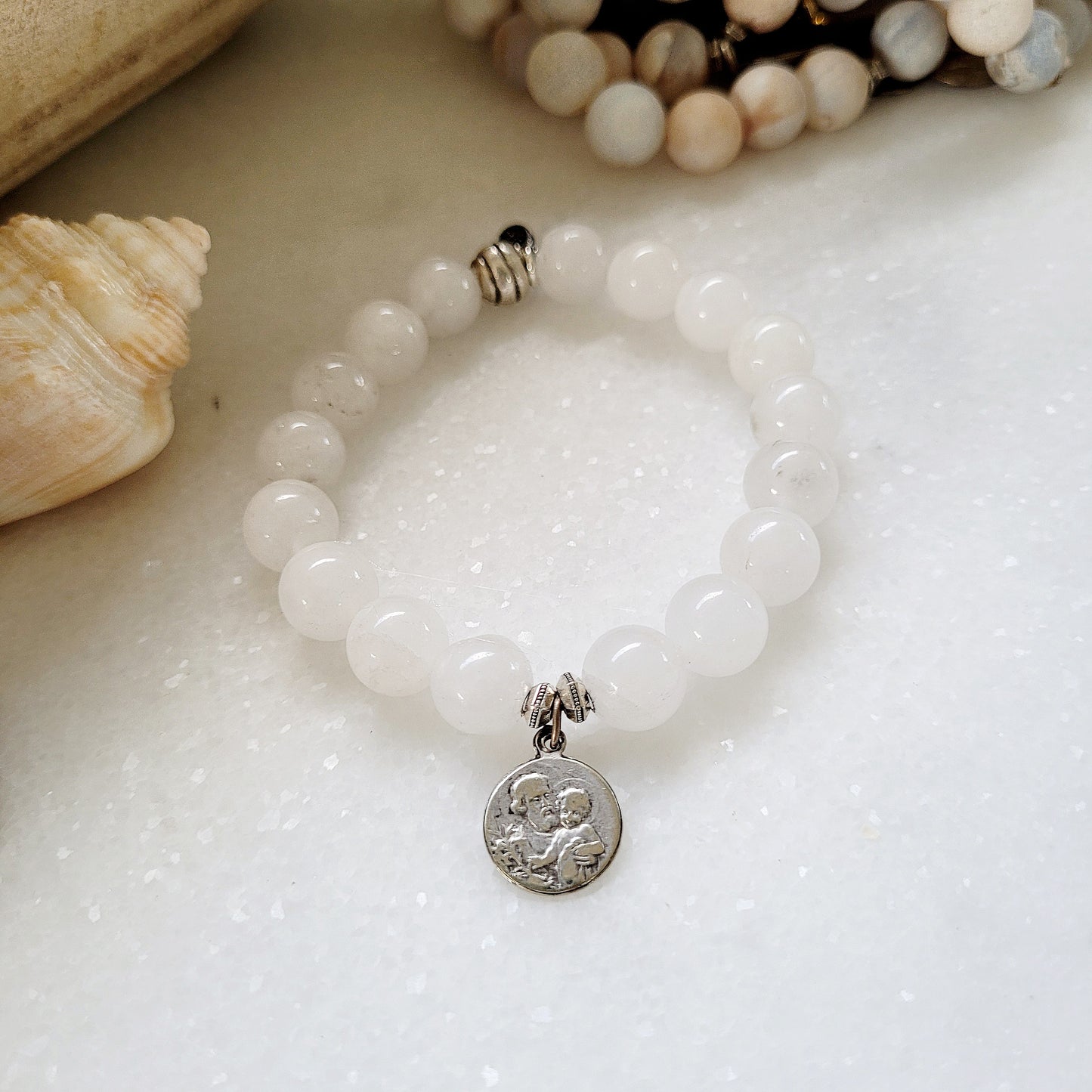 White jade 10mm Beaded Bracelet w/ St. Joseph / St. Anthony holding Baby Jesus Medal - Afterlife Jewelry Designs