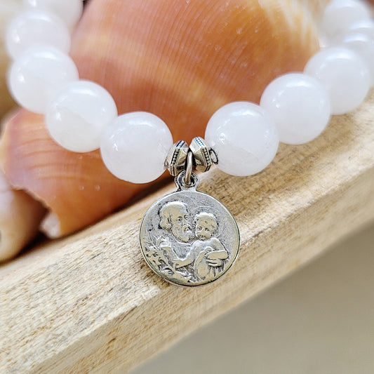 White jade 10mm Beaded Bracelet w/ St. Joseph / St. Anthony holding Baby Jesus Medal - Afterlife Jewelry Designs