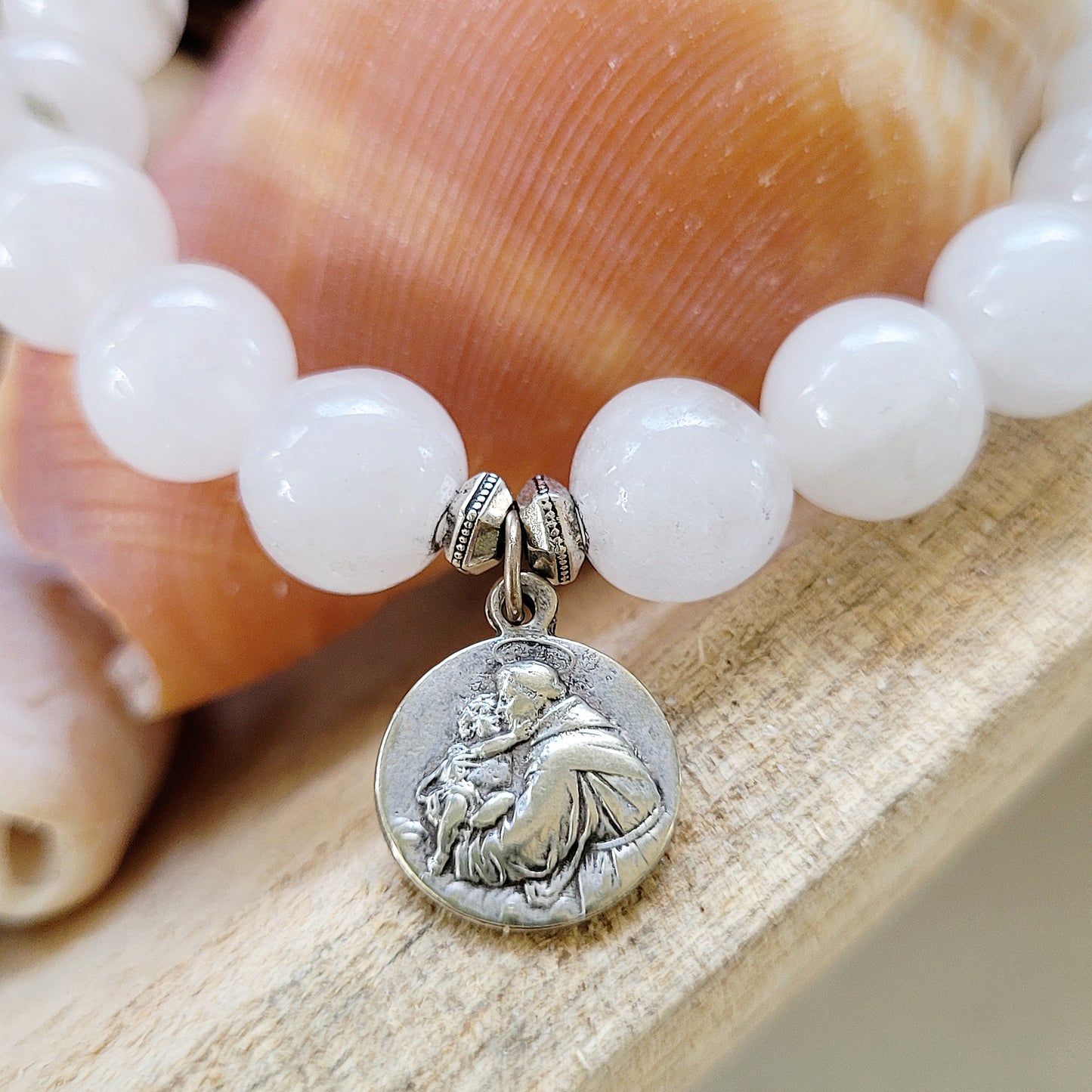 White jade 10mm Beaded Bracelet w/ St. Joseph / St. Anthony holding Baby Jesus Medal - Afterlife Jewelry Designs