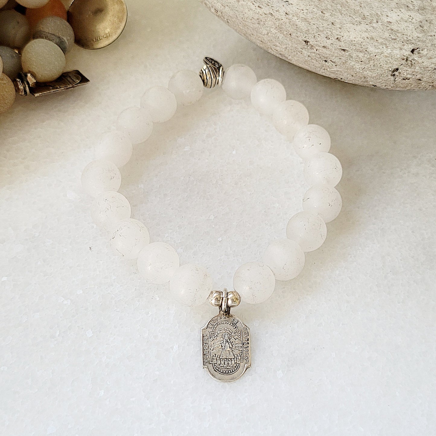 White jade 10mm Beaded Bracelet w/ Silver Medal of St. Benedict / Our Lady of Montserrat - Afterlife Jewelry Designs
