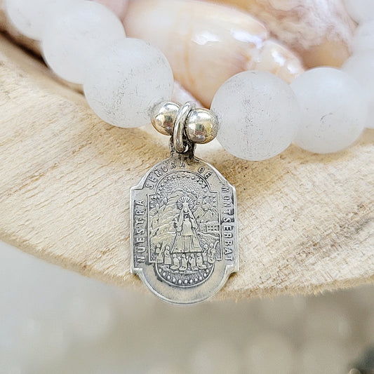 White jade 10mm Beaded Bracelet w/ Silver Medal of St. Benedict / Our Lady of Montserrat - Afterlife Jewelry Designs