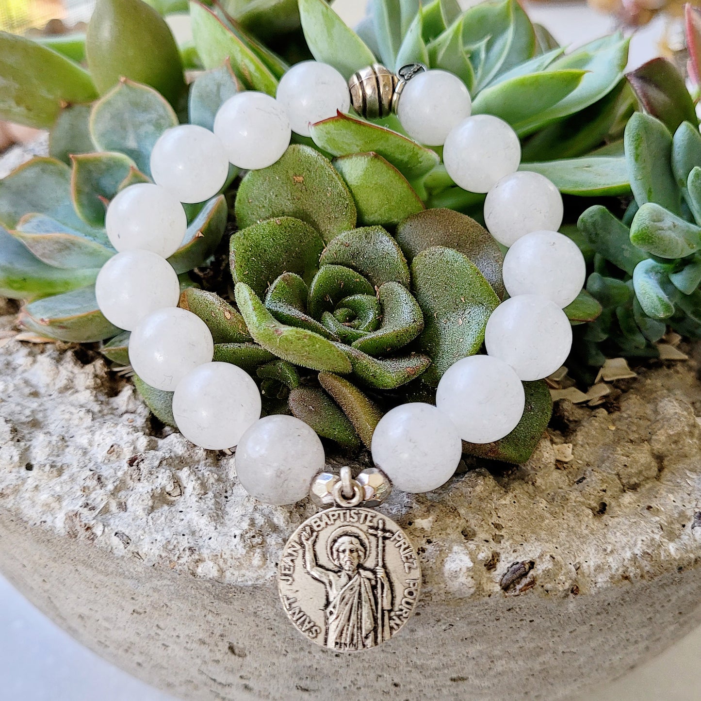 White jade 10mm Beaded Bracelet w/ St. John the Baptist Medal - Afterlife Jewelry Designs