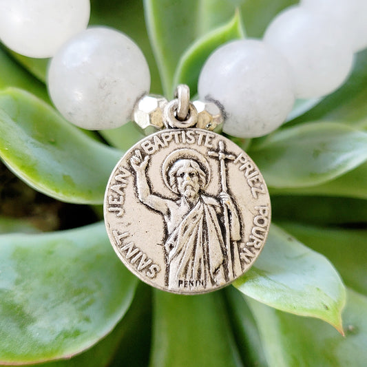 White jade 10mm Beaded Bracelet w/ St. John the Baptist Medal - Afterlife Jewelry Designs