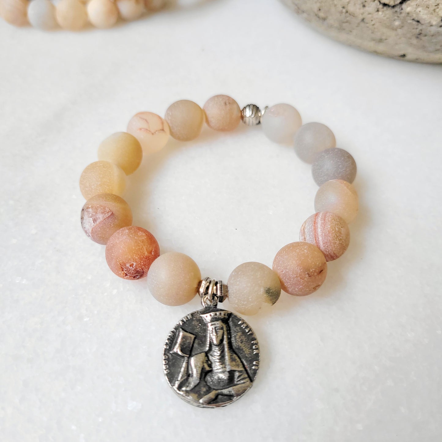 Druzy Agate 12mm Beaded Bracelet with St. Ann Medal / Church of St. Jean Baptiste NYC - Afterlife Jewelry Designs
