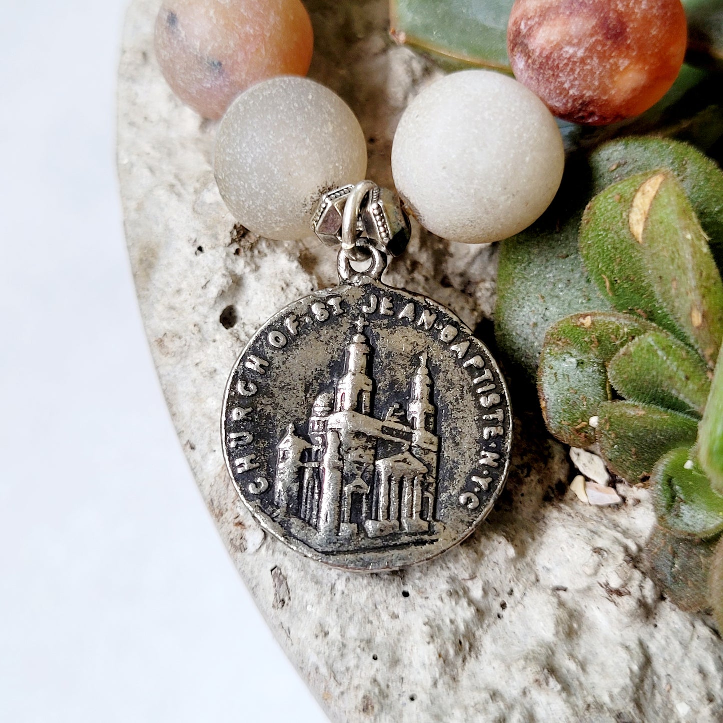 Druzy Agate 12mm Beaded Bracelet with St. Ann Medal / Church of St. Jean Baptiste NYC - Afterlife Jewelry Designs