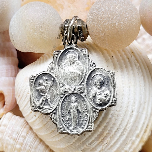 Druzy Agate 12mm Beaded Bracelet with Silver Plated Four Way Cross Medal - Afterlife Jewelry Designs