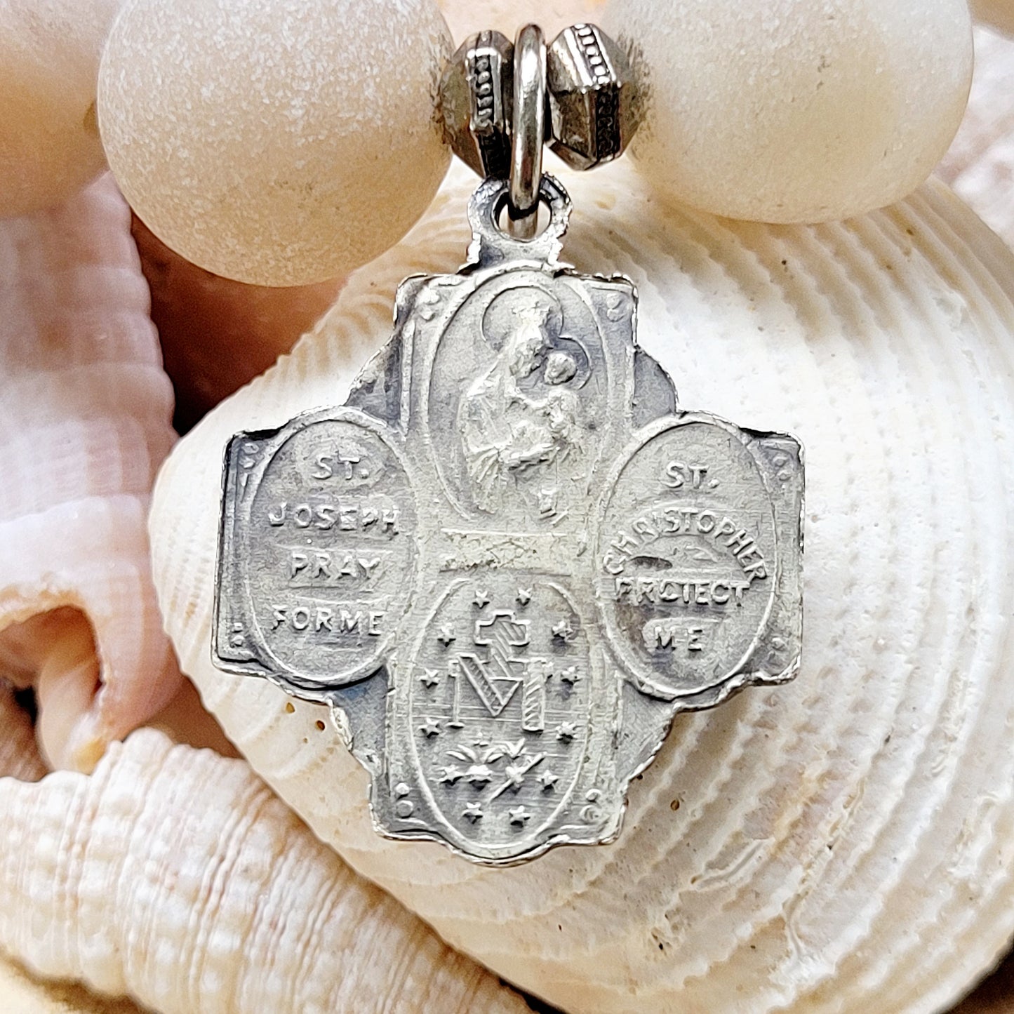 Druzy Agate 12mm Beaded Bracelet with Silver Plated Four Way Cross Medal - Afterlife Jewelry Designs