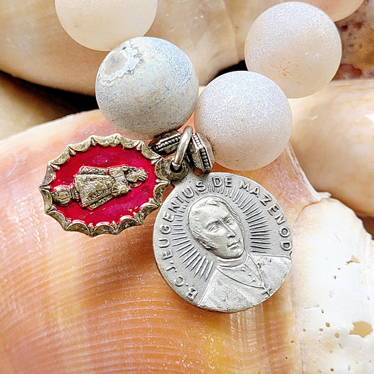 Druzy Agate 12mm Beaded Bracelet with Medal of Infant of Prague + BCJ Eugenius de Mazenod - Afterlife Jewelry Designs