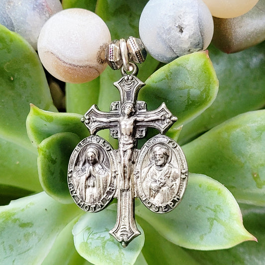 Druzy Agate 12mm Beaded Bracelet with Silver Plated Crucifix w/ St. Mary & St. Joseph - Afterlife Jewelry Designs
