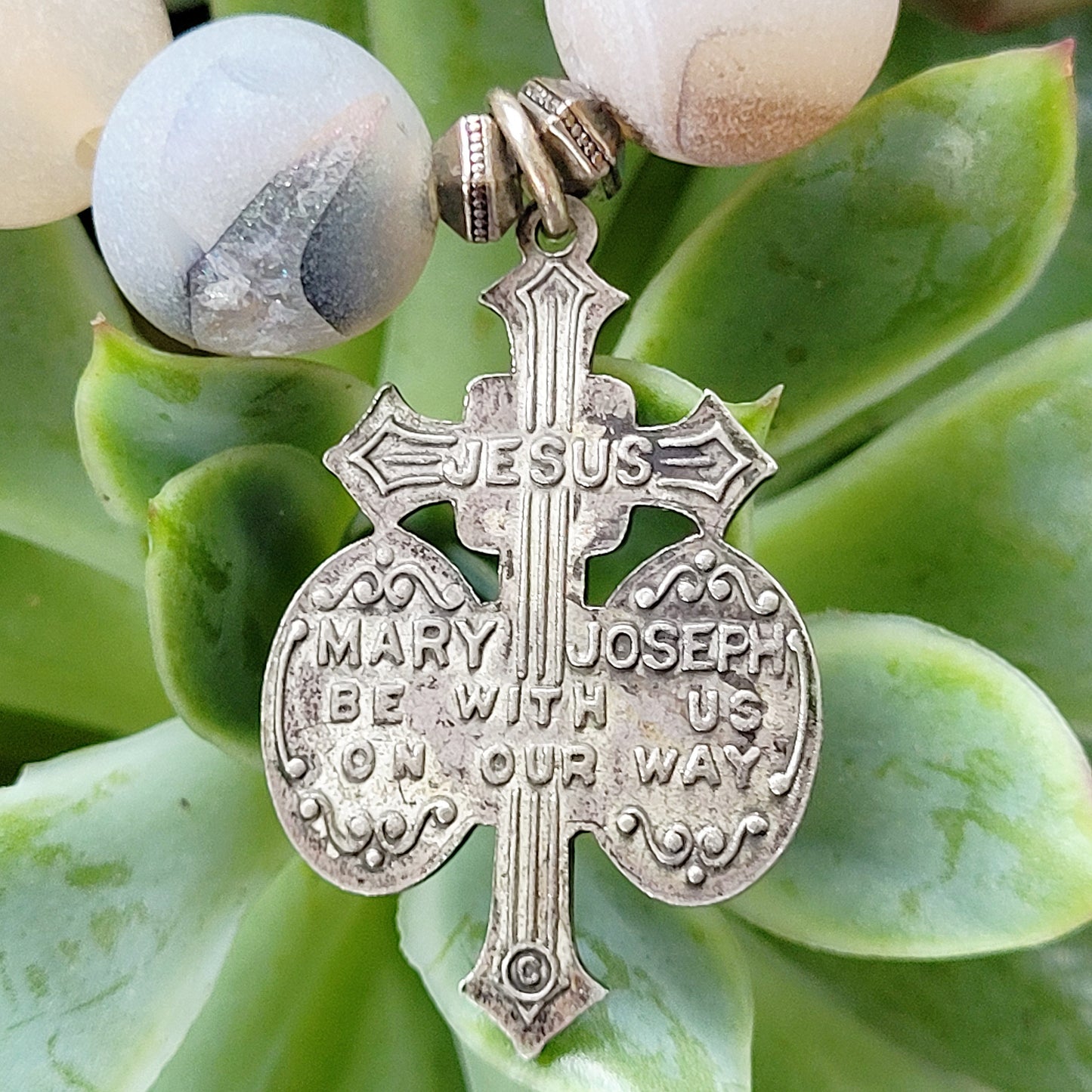 Druzy Agate 12mm Beaded Bracelet with Silver Plated Crucifix w/ St. Mary & St. Joseph - Afterlife Jewelry Designs