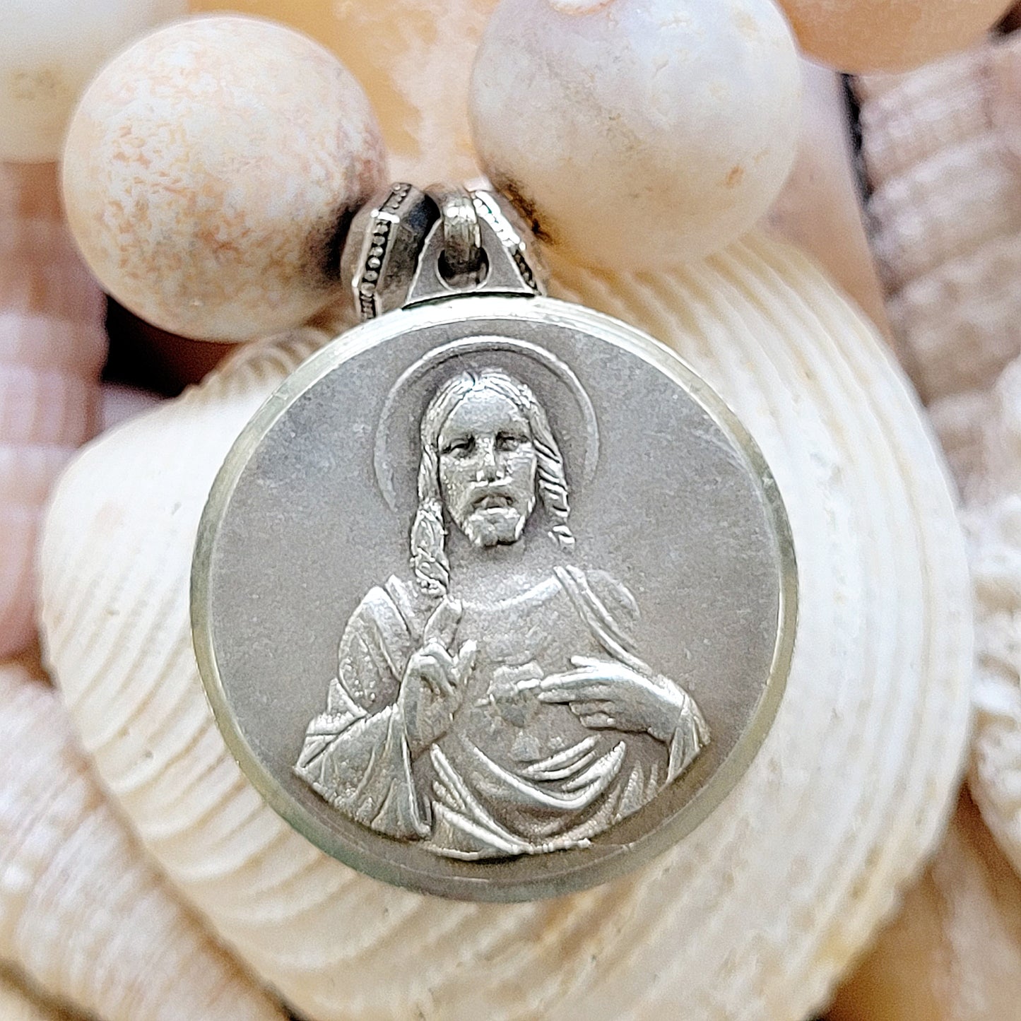 Druzy Agate 10mm Beaded Bracelet with Spanish Blessed Mother Mary + Sacred Heart of Jesus Medal - Afterlife Jewelry Designs