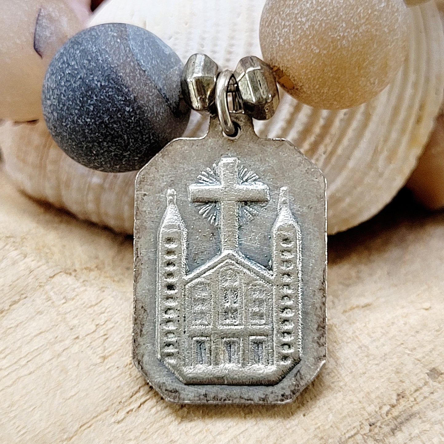 Druzy Agate 10mm Beaded Bracelet with Vintage Medal Our Lady of Medjugorje + St. James Church - Afterlife Jewelry Designs