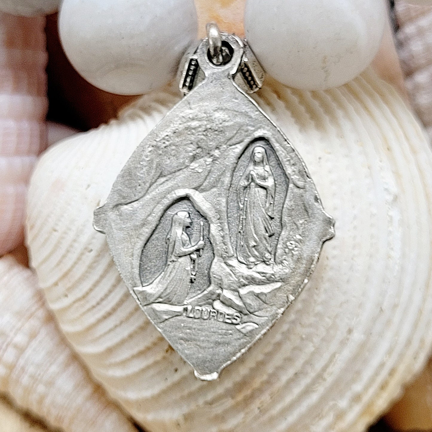 Druzy Agate 10mm Beaded Bracelet with Art Deco Blessed Mother Mary + Our Lady of Lourdes Medal - Afterlife Jewelry Designs