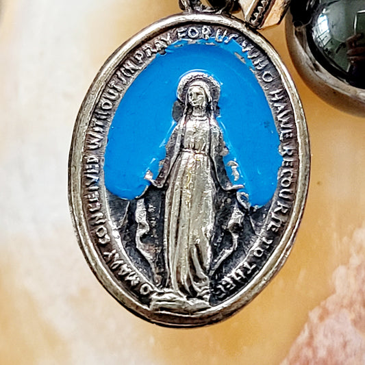 Hematite 10mm Beaded Bracelet with Blue Enameled Miraculous Medal of Mary - Afterlife Jewelry Designs