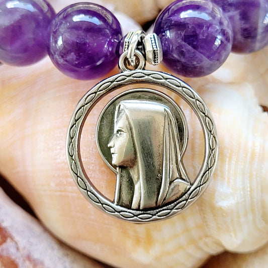 Amethyst 12mm Beaded Bracelet with Blessed Mother Mary Medal - Afterlife Jewelry Designs