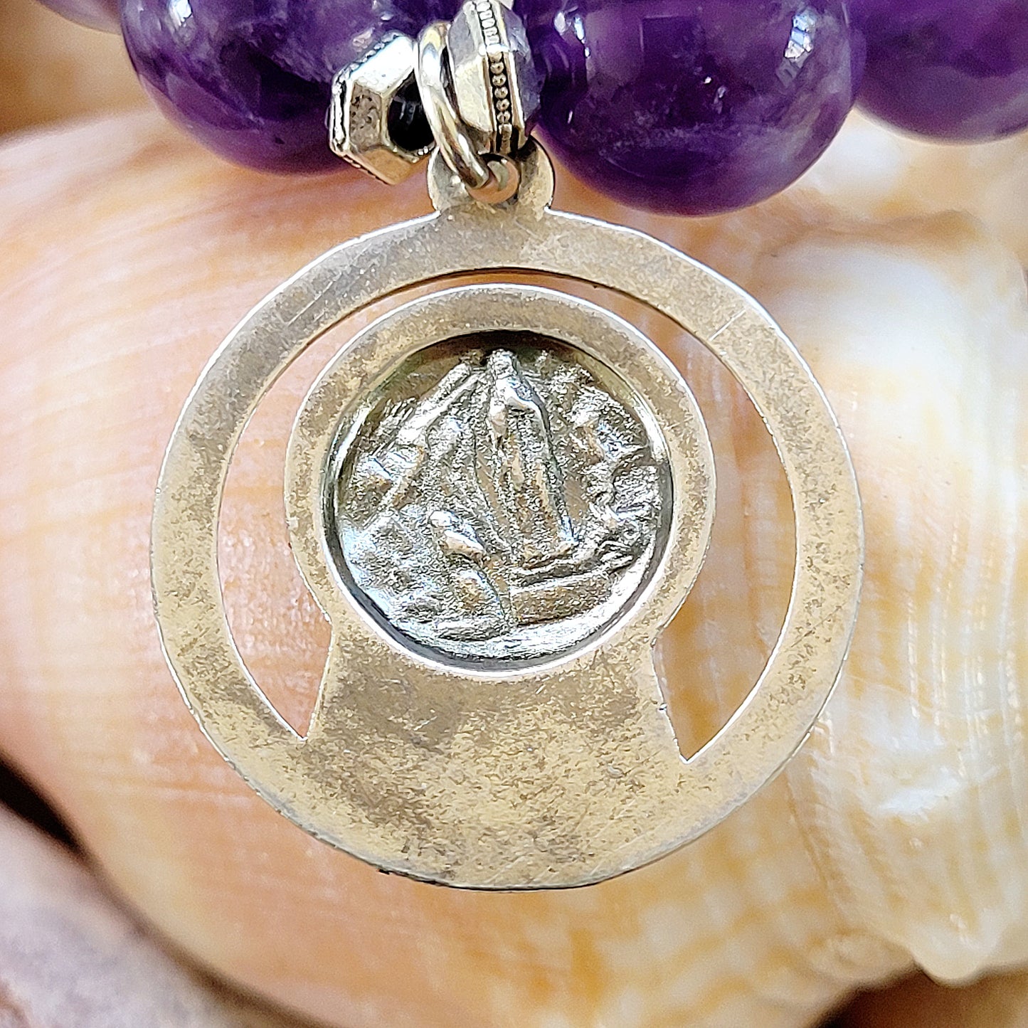 Amethyst 12mm Beaded Bracelet with Blessed Mother Mary Medal - Afterlife Jewelry Designs