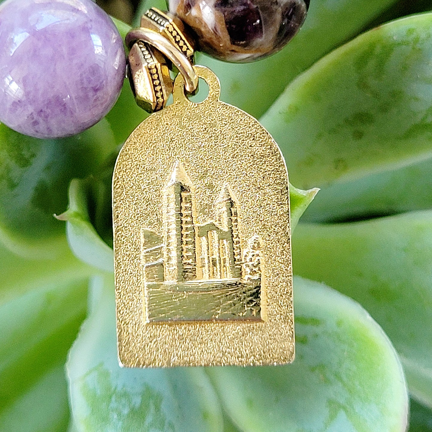 Amethyst 10mm Dogtooth Beaded Bracelet w/ Our Lady of Medjugorje Gold Plated Medal - Afterlife Jewelry Designs