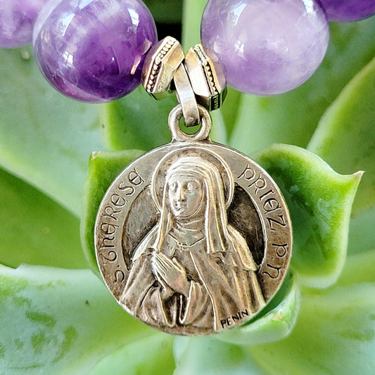 Amethyst 10mm Dogtooth Beaded Bracelet w/ St. Therese of Lisieux Medal - Afterlife Jewelry Designs