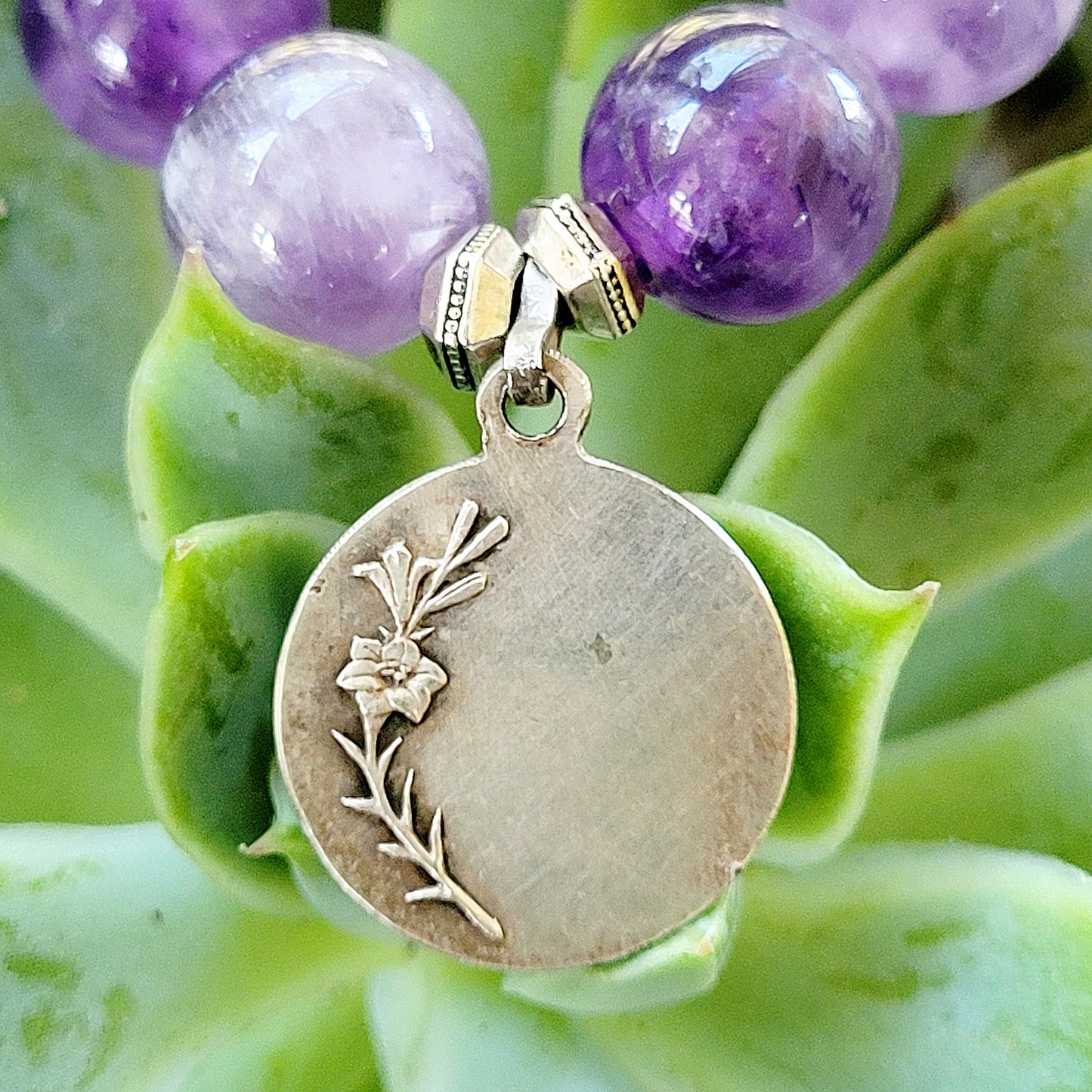 Amethyst 10mm Dogtooth Beaded Bracelet w/ St. Therese of Lisieux Medal - Afterlife Jewelry Designs