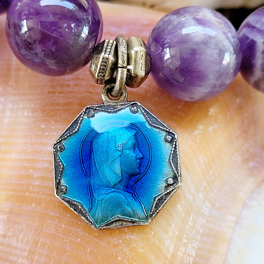 Amethyst 12mm Beaded Bracelet w/ Blue Enameled medal of Blessed Virgin Mary - Afterlife Jewelry Designs