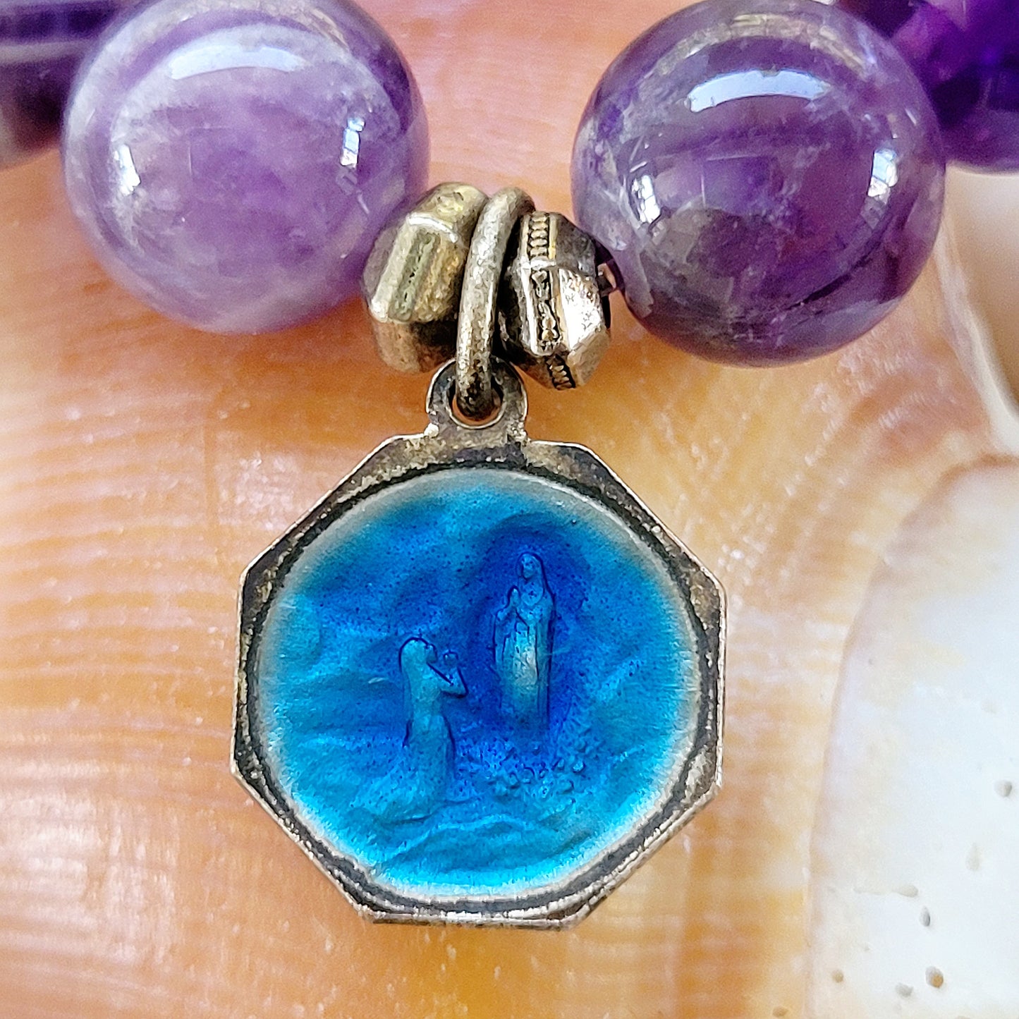 Amethyst 12mm Beaded Bracelet w/ Blue Enameled medal of Blessed Virgin Mary - Afterlife Jewelry Designs