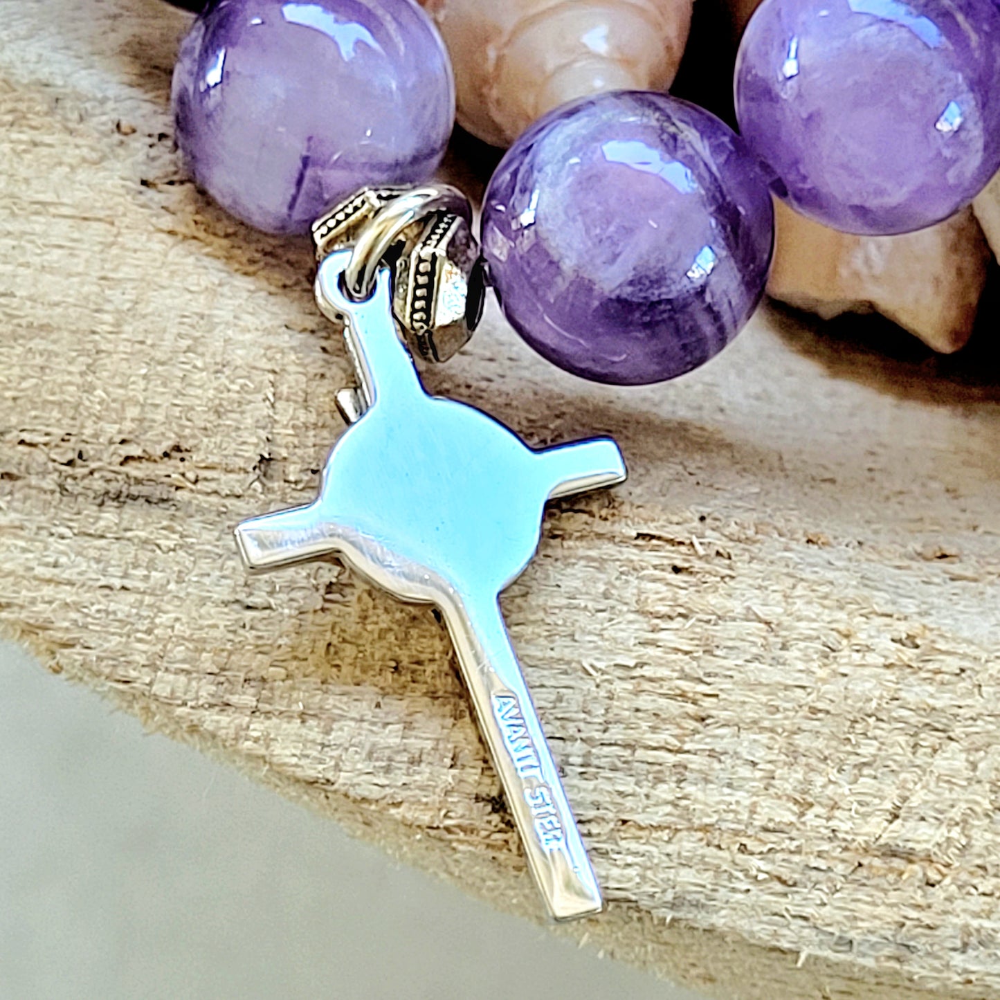 Amethyst 12mm Beaded Bracelet w/ Crucifix of Jesus - Afterlife Jewelry Designs