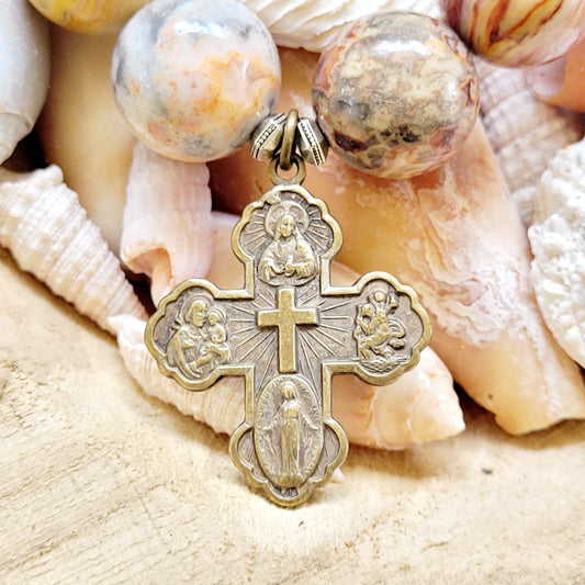 Crazy Lace Agate 16mm Beaded Bracelet w/ Bronze Four Way Cross - Afterlife Jewelry Designs