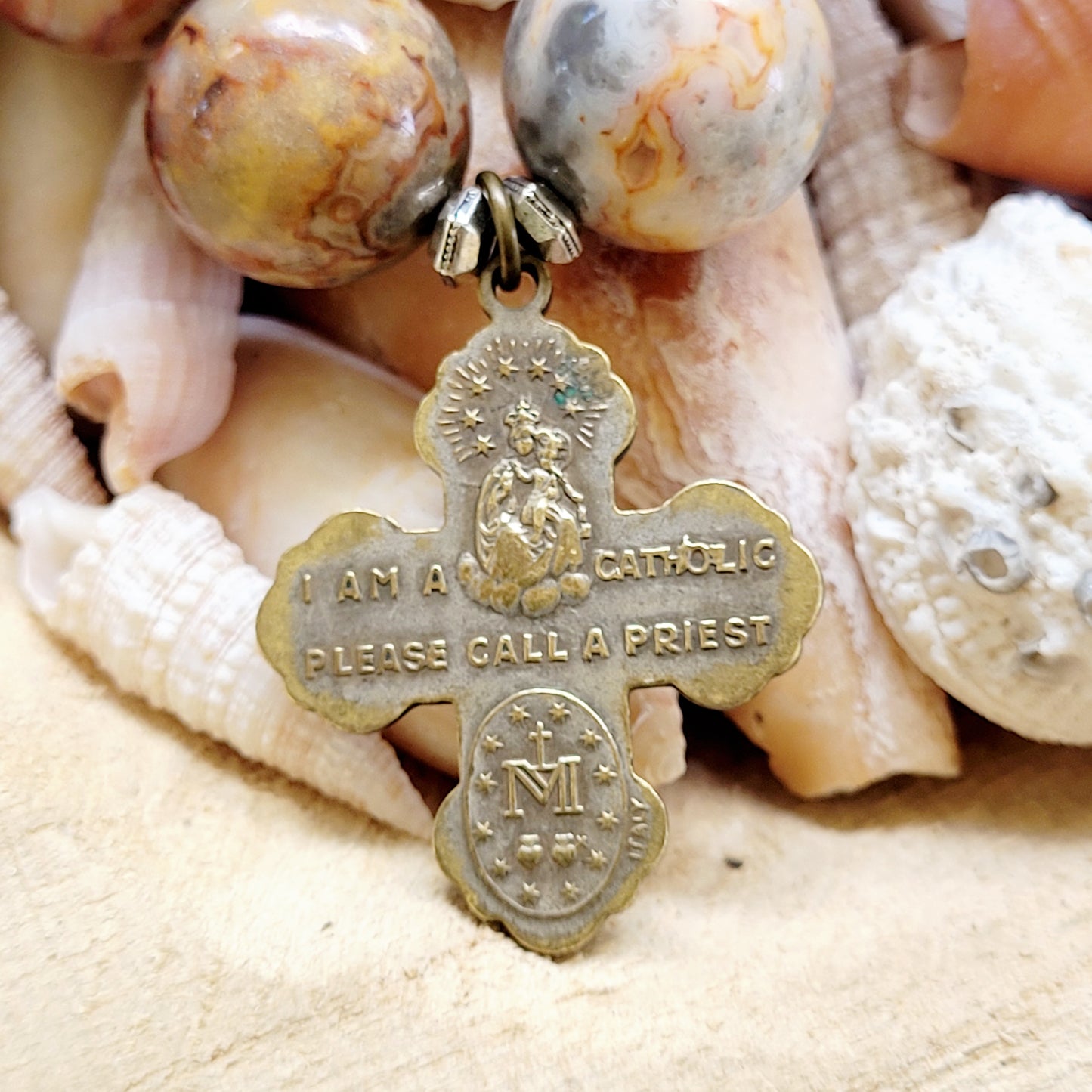 Crazy Lace Agate 16mm Beaded Bracelet w/ Bronze Four Way Cross - Afterlife Jewelry Designs