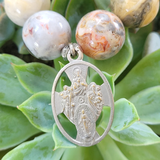 Crazy Lace Agate 16mm Beaded Bracelet w/ Four Way Cross Oval Medal - Afterlife Jewelry Designs