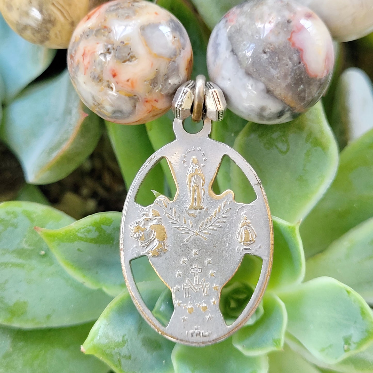 Crazy Lace Agate 16mm Beaded Bracelet w/ Four Way Cross Oval Medal - Afterlife Jewelry Designs