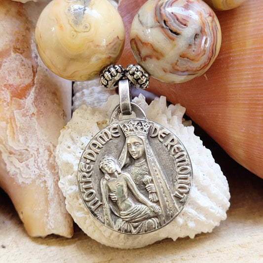 Crazy Lace Agate 16mm Beaded Bracelet w/ Notre Dame de Remonot French Pilgrimage Medal - Afterlife Jewelry Designs