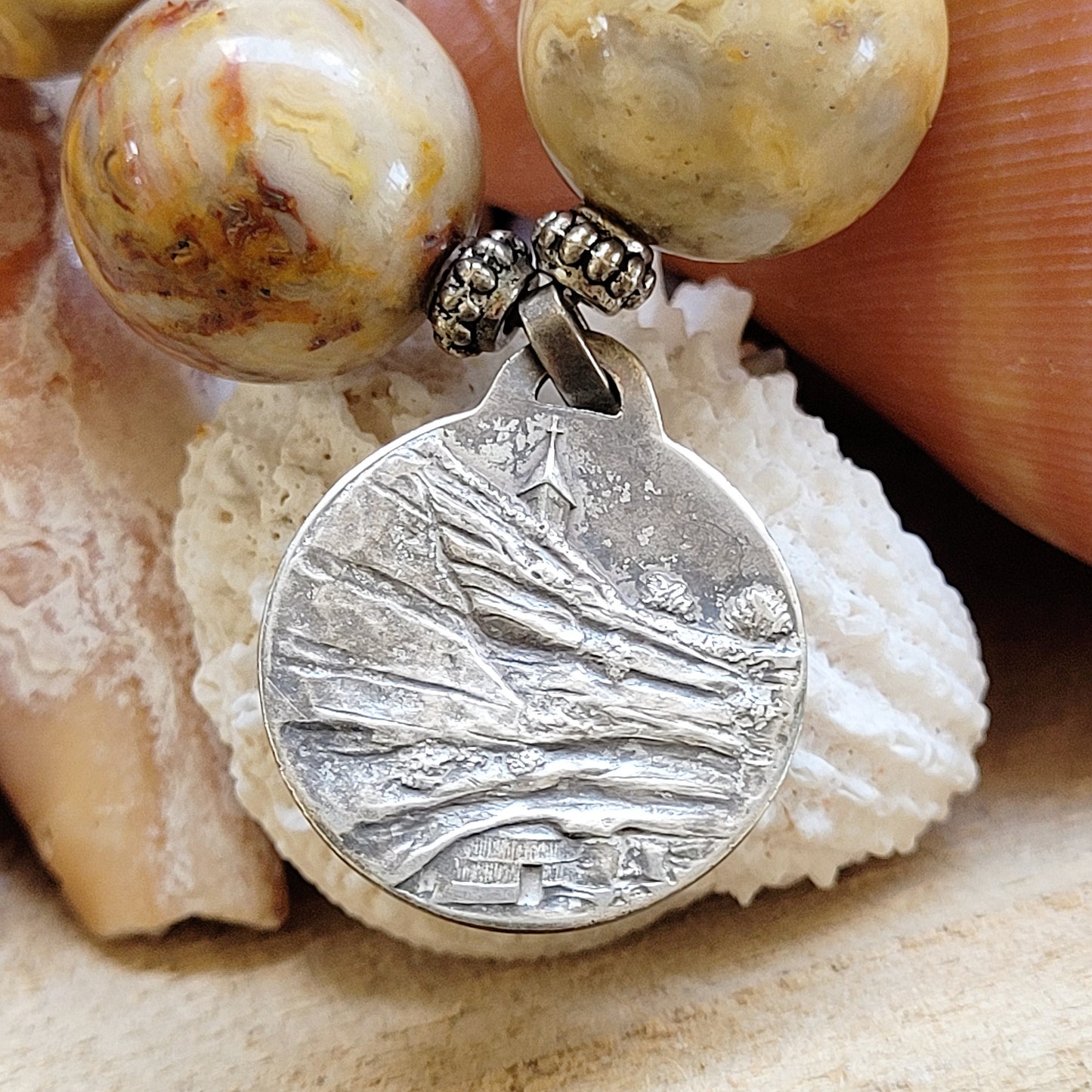 Crazy Lace Agate 16mm Beaded Bracelet w/ Notre Dame de Remonot French Pilgrimage Medal - Afterlife Jewelry Designs