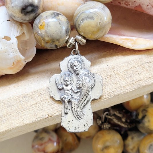 Crazy Lace Agate 16mm Beaded Bracelet w/ Creed Holy Family Vintage Cross Medal - Afterlife Jewelry Designs