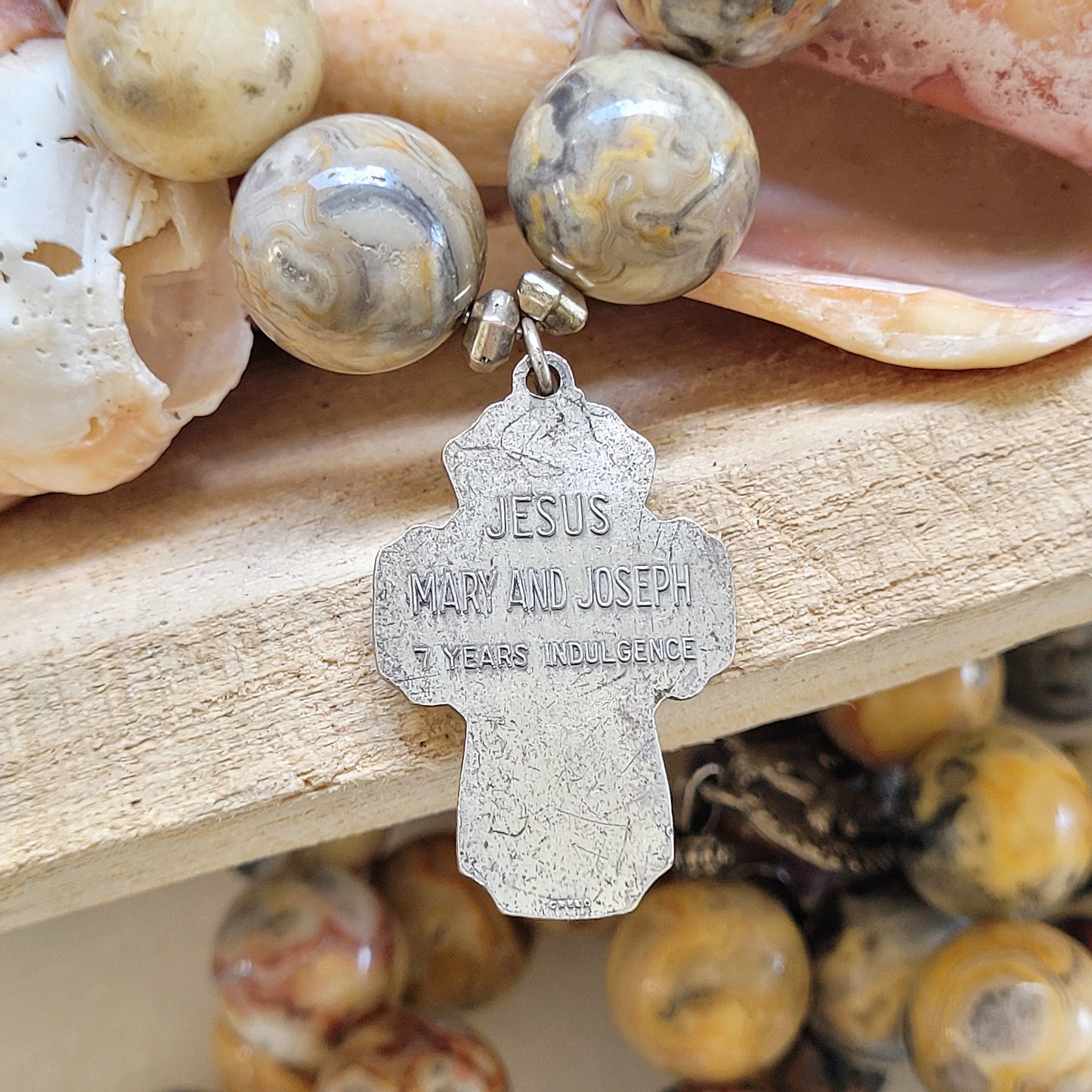 Crazy Lace Agate 16mm Beaded Bracelet w/ Creed Holy Family Vintage Cross Medal - Afterlife Jewelry Designs