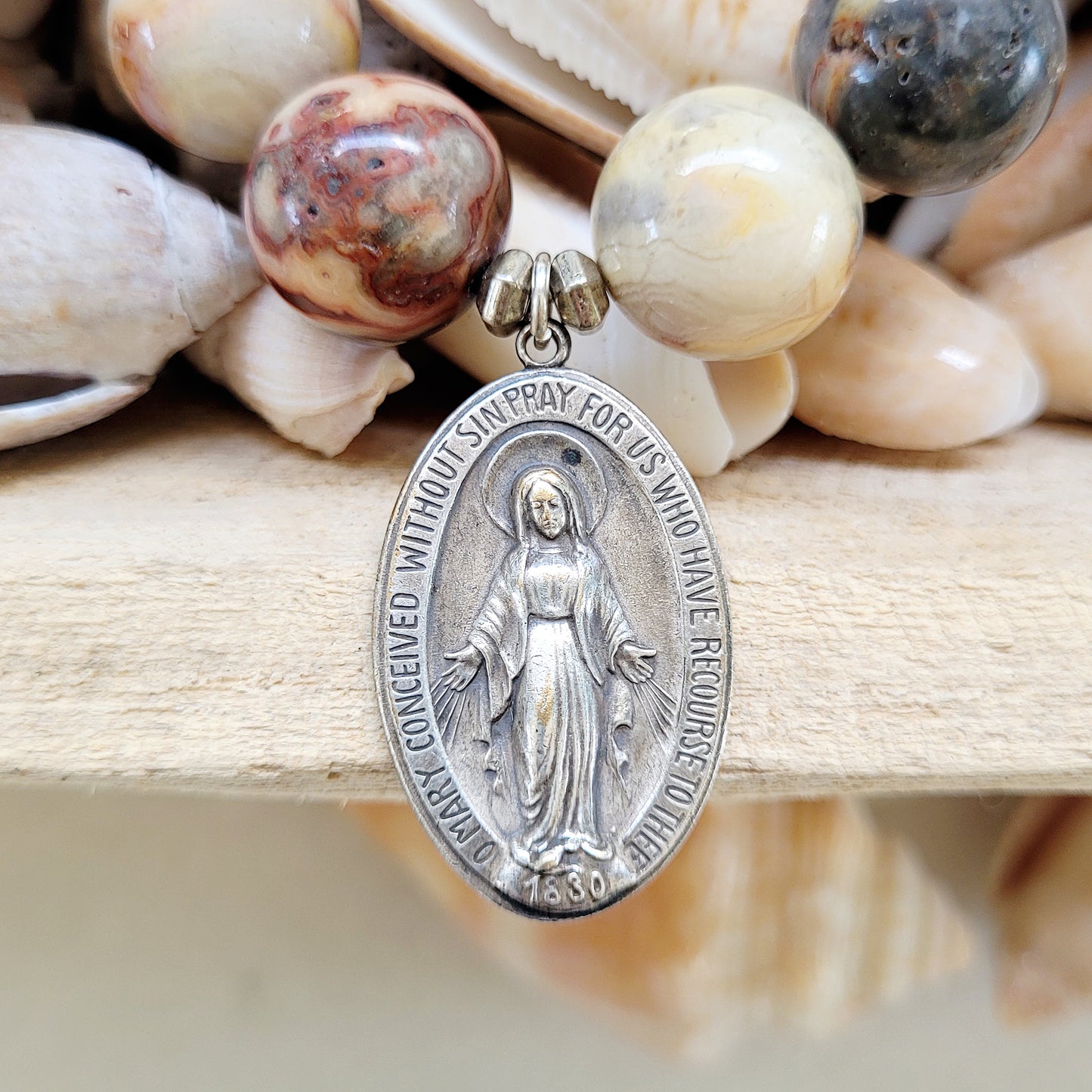 Crazy Lace Agate 16mm Beaded Bracelet w/ Sterling Silver Blessed Mother 1830 Vintage Medal - Afterlife Jewelry Designs