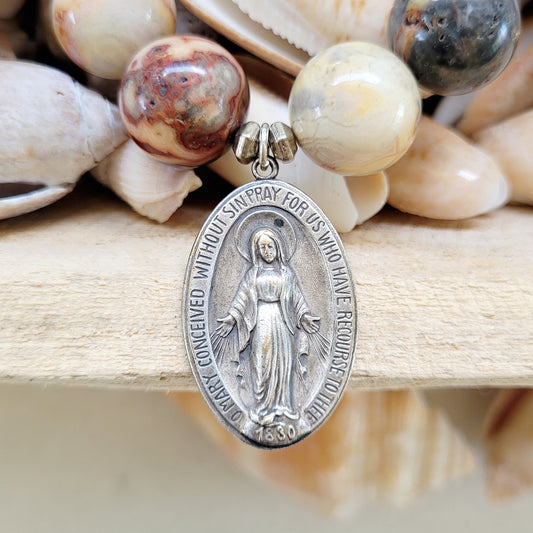 Crazy Lace Agate 16mm Beaded Bracelet w/ Sterling Silver Blessed Mother 1830 Vintage Medal - Afterlife Jewelry Designs