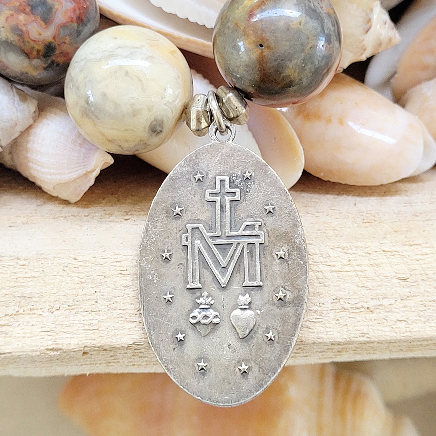 Crazy Lace Agate 16mm Beaded Bracelet w/ Sterling Silver Blessed Mother 1830 Vintage Medal - Afterlife Jewelry Designs