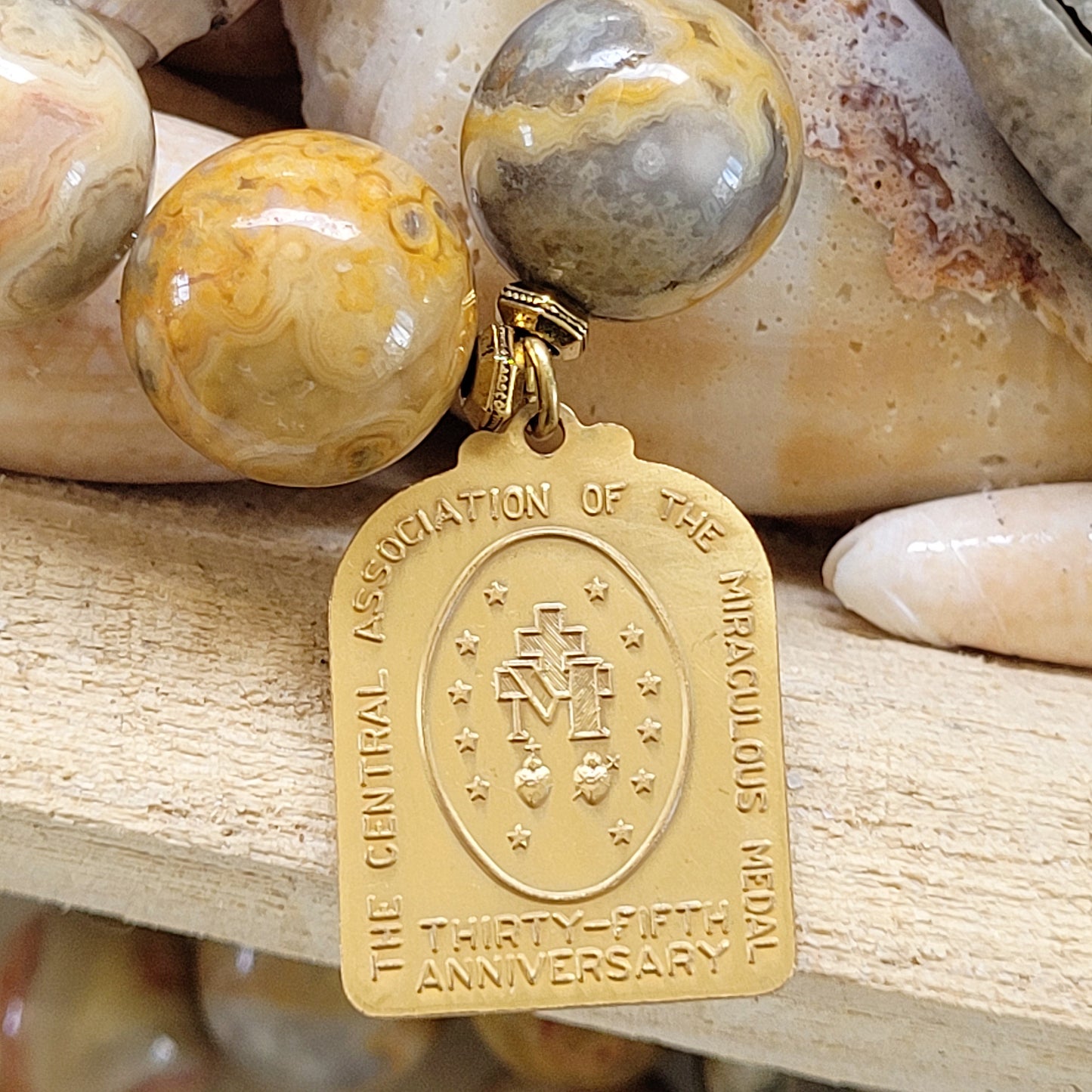 Crazy Lace Agate 16mm Beaded Bracelet w/ Gold Plated Miraculous Medal of Mary - Afterlife Jewelry Designs