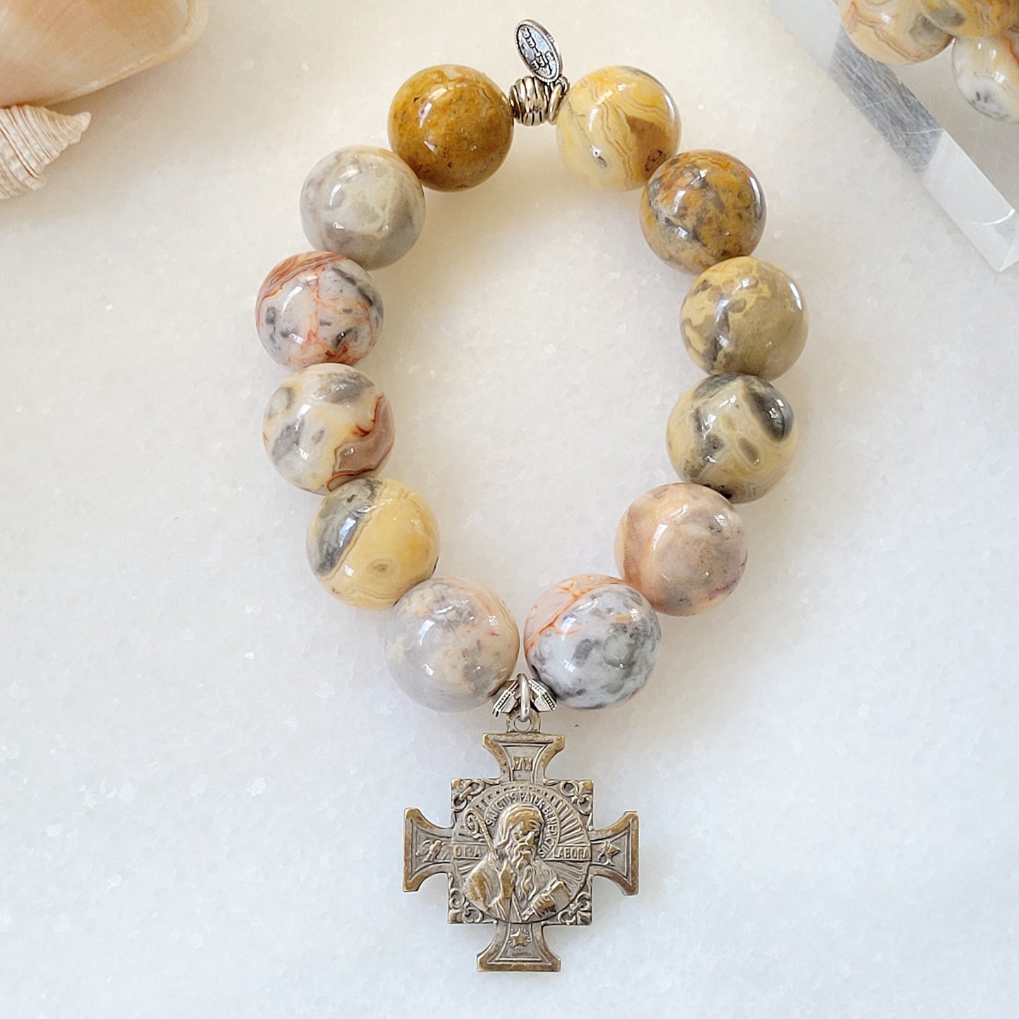 Crazy Lace Agate 16mm Beaded Bracelet w/ Vintage St. Benedict Religious Medal - Afterlife Jewelry Designs