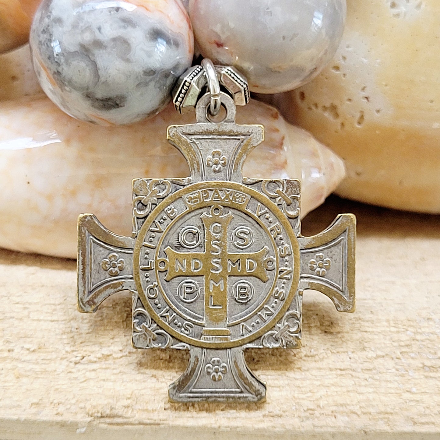 Crazy Lace Agate 16mm Beaded Bracelet w/ Vintage St. Benedict Religious Medal - Afterlife Jewelry Designs