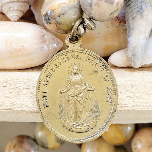 Crazy Lace Agate 16mm Beaded Bracelet w/ Bronze Medal of Virgin Mary /St. Aloysius Gonzaga - Afterlife Jewelry Designs