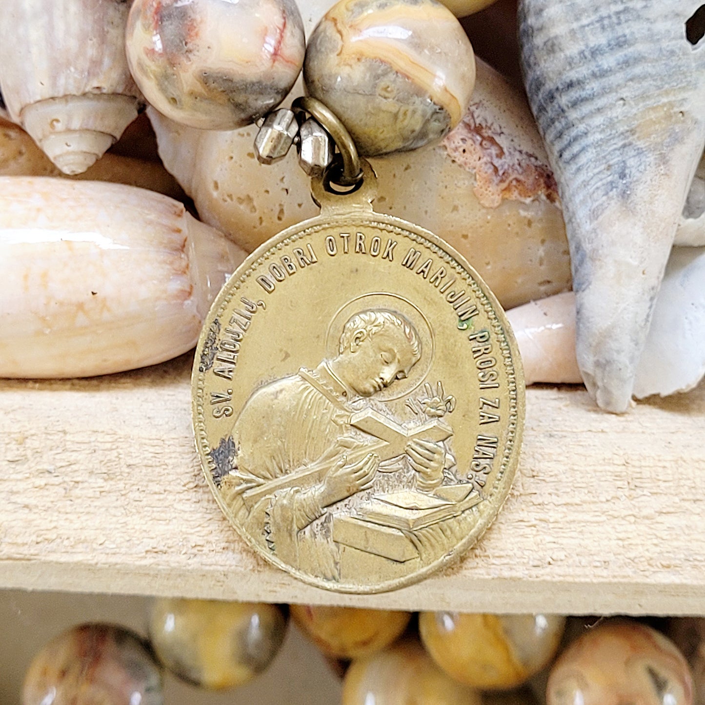 Crazy Lace Agate 16mm Beaded Bracelet w/ Bronze Medal of Virgin Mary /St. Aloysius Gonzaga - Afterlife Jewelry Designs