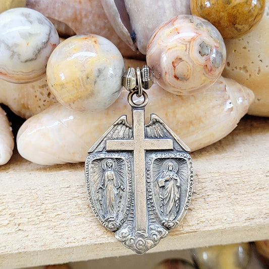 Crazy Lace Agate 16mm Beaded Bracelet w/ Vintage Silver Wings Cross w/ Mary + Jesus - Afterlife Jewelry Designs