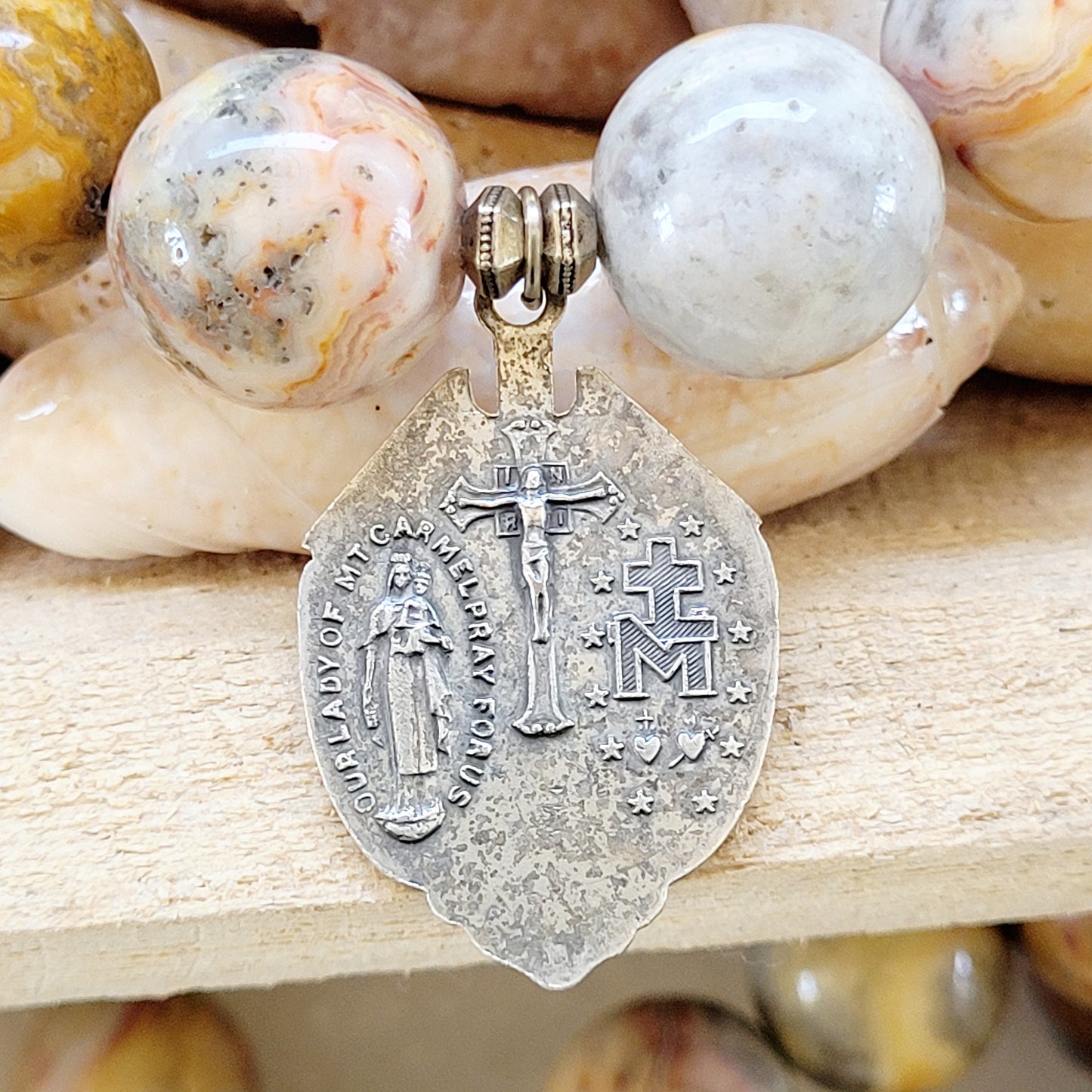 Crazy Lace Agate 16mm Beaded Bracelet w/ Vintage Silver Wings Cross w/ Mary + Jesus - Afterlife Jewelry Designs