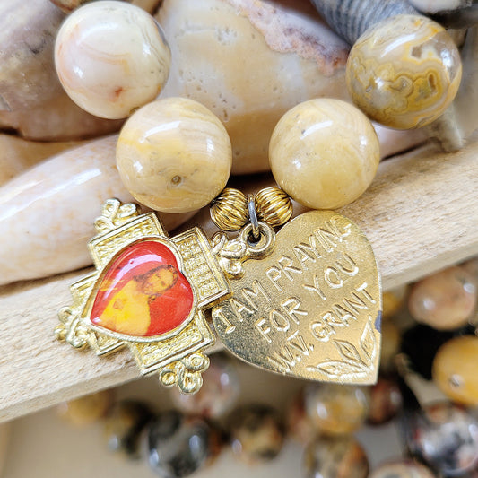 Crazy Lace Agate 16mm Beaded Bracelet w/ Enamel over Metal Sacred Heart of Jesus Cross - Afterlife Jewelry Designs