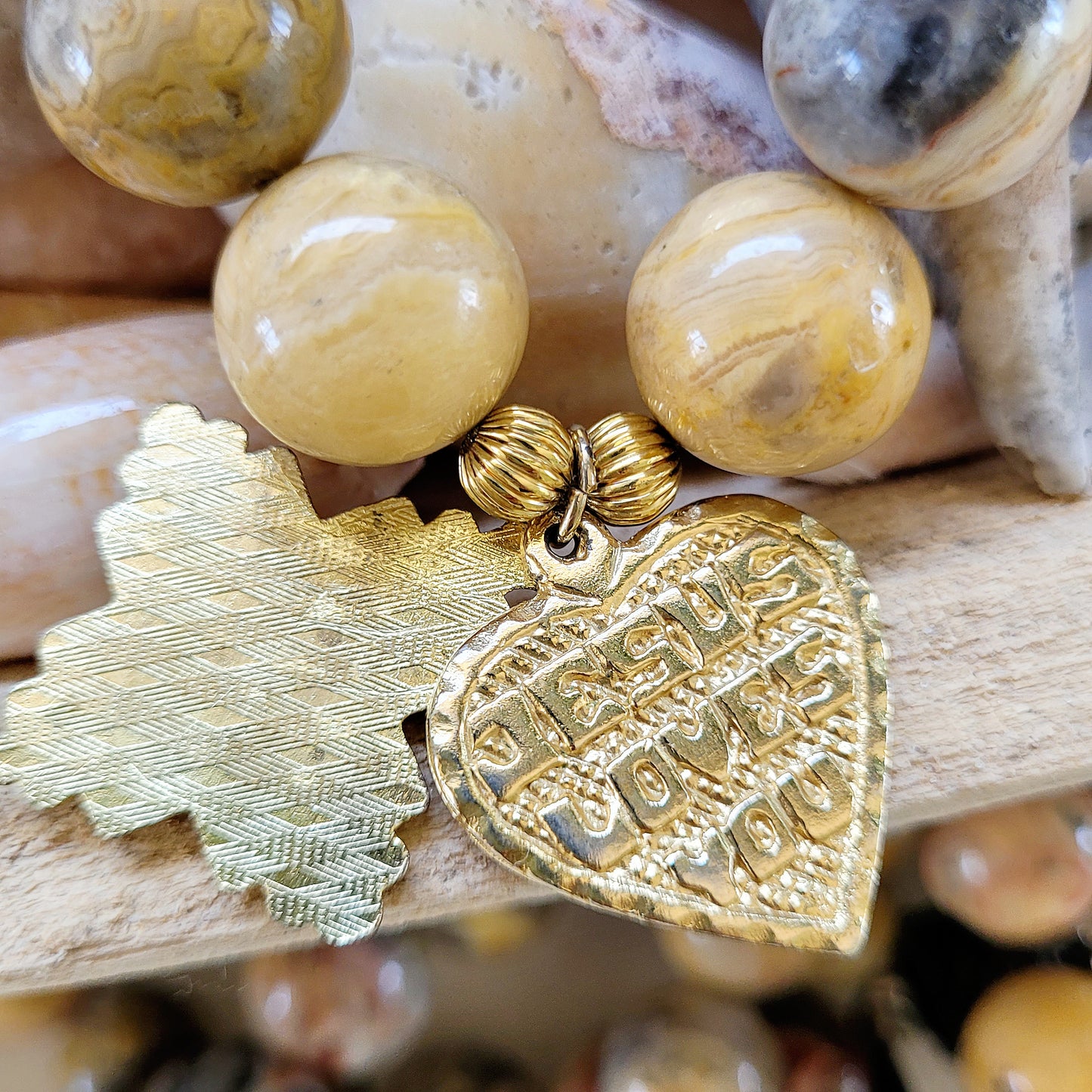Crazy Lace Agate 16mm Beaded Bracelet w/ Enamel over Metal Sacred Heart of Jesus Cross - Afterlife Jewelry Designs