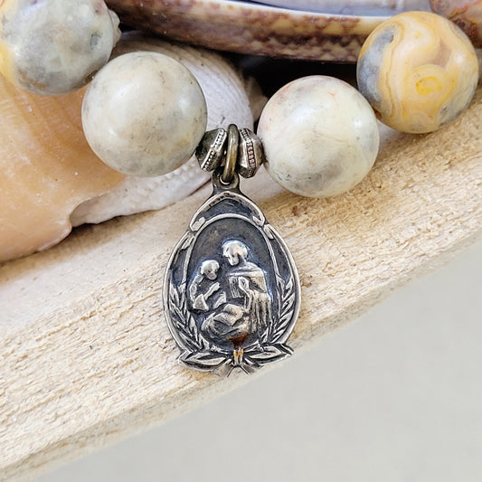 Crazy Lace Agate 14mm Beaded Bracelet w/ Sterling Silver Art Deco medal of St. Joseph / Sacred Heart of Jesus - Afterlife Jewelry Designs